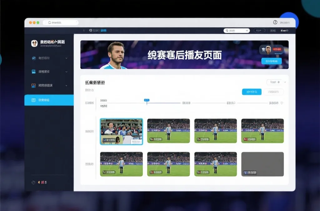比赛结束后，电视屏幕展示集锦回放页面，旁边有时间轴和多角度切换提示